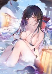 Rule 34 | 1girl, animal, artist name, bare arms, bare hips, bare legs, bare shoulders, bird, black hair, blue sky, blurry, blurry background, blurry foreground, blush, braid, breasts, cloud, collarbone, covered erect nipples, day, eyelashes, happy, head tilt, highres, knee up, lantern, large breasts, lips, long hair, looking at viewer, mole, mole under eye, naiichie, nude, onsen, original, outdoors, red eyes, side braid, signature, sitting, sky, smile, snow, snowing, solo, torii, tree, water, white bird, winter