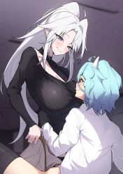Rule 34 | 1girl, 1other, absurdres, ahoge, ambiguous gender, aqua hair, belt, black thighhighs, blush, bottomless, breasts, brown belt, cleavage, closed mouth, collared shirt, eyes visible through hair, grey pants, highres, holding, holding belt, indie virtual youtuber, large breasts, lilia suzuma, long hair, long sleeves, looking at another, looking down, pants, ponytail, purple eyes, second-party source, shirotategosha, shirt, short hair, smile, thighhighs, virtual youtuber, white hair, white shirt