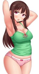 Rule 34 | 1girl, armpits, arms behind head, arms up, bad id, bad pixiv id, blush, breasts, brown hair, camisole, cleavage, large breasts, long hair, looking at viewer, midriff peek, neri sachiko, no pants, open mouth, original, panties, pink eyes, plump, simple background, solo, standing, underwear, wide hips