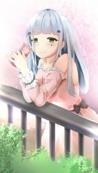 Rule 34 | 1girl, aizawa (aizawatsu), alternate costume, blush, can, cherry blossoms, coca-cola, detached sleeves, dress, drink can, frilled sleeves, frills, girls&#039; frontline, green eyes, highres, hk416 (girls&#039; frontline), leaf, pink dress, railing, silver hair, sleeveless, sleeveless dress, smile, soda can, solo, tin can, tree