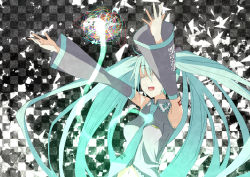 Rule 34 | 1girl, aqua hair, arms up, bad id, bad pixiv id, checkered background, detached sleeves, eguegu, closed eyes, hatsune miku, highres, long hair, navel, necktie, open mouth, outstretched arms, solo, twintails, very long hair, vocaloid