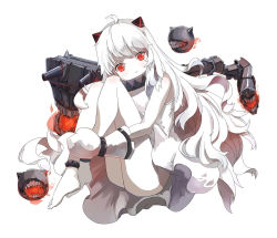 Rule 34 | 10s, 1girl, abyssal ship, ahoge, colored skin, dress, hanasai usagiko, highres, horns, kantai collection, long hair, looking at viewer, machinery, mittens, northern ocean princess, simple background, sitting, smile, solo, turret, white background, white dress, white hair, white skin