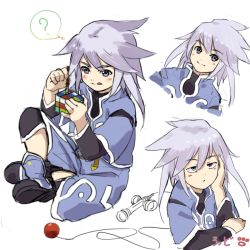 Rule 34 | 00s, 1boy, ?, blue eyes, blush, boots, child, frown, genius sage, jitome, kujiranohane, multiple views, open mouth, painting (action), rubik&#039;s cube, short hair, signature, silver hair, simple background, sitting, smile, tales of (series), tales of symphonia, toy, white background