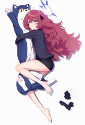 Rule 34 | 1girl, barefoot, black shorts, black socks, blue archive, dakimakura (object), grey background, highres, iroha (blue archive), long hair, long sleeves, looking at viewer, lying, hugging object, pillow, pillow hug, red hair, shorts, simple background, socks, unworn socks, white background