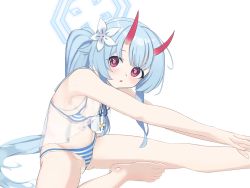 Rule 34 | 1girl, bikini, blue archive, blue hair, breasts, chise (blue archive), chise (swimsuit) (blue archive), flower, hair flower, hair ornament, halo, highres, horns, leaning forward, loose bikini, multicolored bikini, multicolored clothes, multicolored swimsuit, nanana narang, nipples, oni horns, outstretched arms, oversized clothes, red eyes, see-through, sitting, small breasts, spread legs, stretching, striped bikini, striped clothes, swimsuit