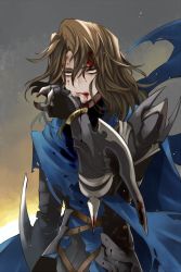 Rule 34 | 10s, 1boy, armor, blood, blood on face, brown eyes, brown hair, cape, eyebrows, granblue fantasy, gucha (netsu), licking lips, long hair, looking at viewer, male focus, siegfried (granblue fantasy), solo, tongue, tongue out, torn clothes
