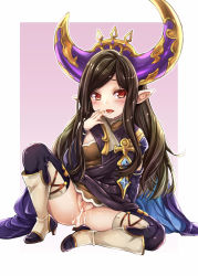 Rule 34 | 10s, 1girl, after vaginal, aftersex, arulumaya, black hair, black thighhighs, blush, boots, cum, cum in pussy, cum string, cumdrip, female pubic hair, granblue fantasy, harvin, hat, high heels, licking, long hair, looking at viewer, mushi024, no panties, open mouth, pointy ears, pubic hair, pussy juice, red eyes, sitting, solo, thighhighs, tongue, tongue out, uncensored