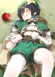 Rule 34 | 1boy, absurdres, apple, black hair, blue hair, blush, braid, cape, collared cape, commentary, corset, food, frilled sleeves, frills, fruit, genshin impact, gradient hair, grass, green cape, green shorts, hand on own stomach, highres, kkopoli, lying, male focus, multicolored hair, on back, open mouth, pantyhose, shirt, short hair with long locks, shorts, sleeping, solo, squirrel, symbol-only commentary, trap, twin braids, venti (genshin impact), white pantyhose, white shirt