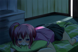 Rule 34 | 1girl, blue eyes, blush, long hair, lying, mouth hold, nishi koutarou, on stomach, original, pillow, pillow bite, pillow grab, pink hair, side ponytail, skirt, solo