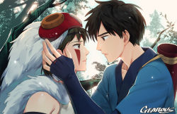 Rule 34 | 1boy, 1girl, artist name, ashitaka, brown eyes, brown hair, eye contact, facial mark, gearous, hand on another&#039;s face, hetero, japanese clothes, looking at another, mononoke hime, parted lips, profile, quiver, san (mononoke hime), tree
