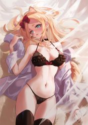 Rule 34 | 1girl, animal ear fluff, animal ears, bare shoulders, black bra, black choker, black nails, black panties, black thighhighs, blonde hair, blue eyes, blush, bow, bra, breasts, choker, cleavage, collarbone, commentary, cowboy shot, cross, cross earrings, curtains, earrings, extra ears, fang, frilled bra, frills, from above, gluteal fold, grey shirt, hair bow, hand up, head tilt, highres, jewelry, large breasts, long hair, long sleeves, looking at viewer, lying, nail polish, navel, on back, open clothes, open mouth, open shirt, original, panties, parted bangs, red bow, shirt, solo, stomach, tail, thigh gap, thighhighs, timo wei95, underwear, very long hair