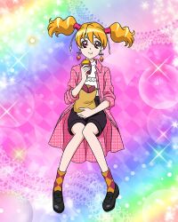 Rule 34 | 1girl, black footwear, black shorts, blonde hair, earrings, eating, fresh precure!, full body, highres, jacket, jewelry, long hair, momozono love, official art, open clothes, open jacket, pink eyes, pink jacket, precure, precure connection puzzlun, shorts, sitting, smile, socks, solo, third-party source, twintails