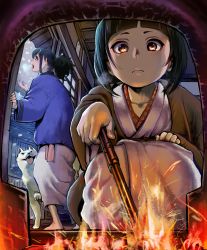 Rule 34 | animal, barefoot, black eyes, black hair, breath, closed eyes, collarbone, dog, fire, fireplace, highres, holding, holding stick, ichiren takushou, japanese clothes, kimono, long hair, looking at viewer, open door, open mouth, original, pov, sliding doors, snow, snowing, sparks, squatting, steam, stick, yellow eyes