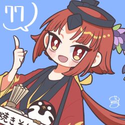 Rule 34 | 1girl, benienma (fate), bird, black headband, black shirt, blue background, blush stickers, bright pupils, commentary request, dutch angle, fate/grand order, fate (series), flipped hair, hand up, happi, headband, highres, jacket, japanese clothes, looking at viewer, low ponytail, merchant, mg gumin, open mouth, red eyes, red hair, red jacket, shirt, sidelocks, signature, simple background, smile, solo, sparrow, speech bubble, upper body, white pupils, wide sleeves