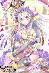Rule 34 | 1girl, bare shoulders, blush, boots, breasts, chain, chromatic aberration, cleavage, collarbone, company name, copyright name, detached sleeves, dress, floating hair, flower, full body, garter straps, gem, glint, glowing, glowing weapon, grand sphere, grey footwear, grey panties, hair between eyes, hair flower, hair ornament, hair ribbon, halterneck, hand up, head tilt, high heel boots, high heels, holding, holding weapon, knee boots, kuroi nyan, long hair, looking at viewer, looking to the side, medium breasts, official art, panties, purple eyes, purple flower, purple gemstone, purple rose, ribbon, rose, scythe, see-through, shoes, single boot, single shoe, sitting, smile, solo, sparkle, thigh boots, thighhighs, tiara, twintails, underwear, very long hair, weapon, white hair, white ribbon, yokozuwari