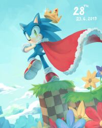 Rule 34 | 1boy, absurdres, animal ears, animal nose, artist name, blue flower, blue fur, blue sky, cape, cloud, cloudy sky, commentary, crown, dated, day, english commentary, flower, from behind, fur-trimmed cape, fur trim, furry, furry male, gloves, grass, green eyes, green hill zone, hand up, hedgehog, hedgehog ears, hedgehog tail, highres, leaf, leg up, looking at viewer, looking back, male focus, mountain, outdoors, red cape, red flower, red footwear, shoes, sky, smile, sneakers, socks, solo, sonic (series), sonic the hedgehog, sparkle, standing, standing on one leg, stardust-dreamii, tail, teeth, white gloves, white socks, yellow flower