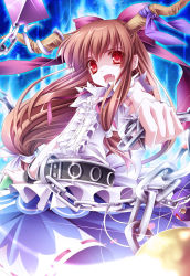 Rule 34 | 1girl, aura, brown hair, chain, fang, female focus, gourd, highres, holding, horns, ibuki suika, long hair, monety, open mouth, outstretched arm, red eyes, solo, touhou