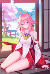 Rule 34 | 1girl, absurdres, animal ears, arm support, armpit crease, bare shoulders, breasts, cherry blossoms, closed mouth, crossed bangs, cup, day, detached sleeves, earrings, floppy ears, flower knot, fox ears, genshin impact, glass, hair between eyes, hair ornament, highres, holding, indoors, japanese clothes, jewelry, large breasts, long hair, miko, miniskirt, negi3, pink hair, purple eyes, red skirt, sakazuki, shirt, sideboob, sitting, skirt, sleeveless, sleeveless shirt, smile, solo, tassel, thighs, torii, tree, turtleneck, white shirt, wide sleeves, yae miko, yokozuwari