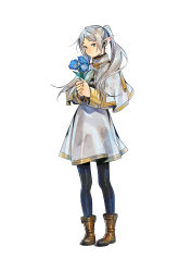 Rule 34 | 1girl, abe tsukasa, absurdres, black pantyhose, boots, brown footwear, capelet, dress, earrings, elf, flower, frieren, full body, green eyes, grey hair, highres, holding, holding flower, jewelry, long hair, looking at viewer, own hands together, pantyhose, parted bangs, pointy ears, short dress, sidelocks, solo, sousou no frieren, twintails, white background, white capelet, white dress