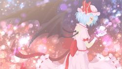 Rule 34 | 1girl, bad id, bad pixiv id, bat wings, blue hair, bow, expressionless, forgotten artist, hat, hat bow, light particles, mob cap, pink shirt, pink skirt, profile, puffy short sleeves, puffy sleeves, red eyes, remilia scarlet, ribbon-trimmed skirt, ribbon trim, shirt, short hair, short sleeves, skirt, solo, touhou, wings, wrist cuffs
