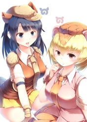 Rule 34 | 10s, 2girls, absurdres, armadillo ears, blonde hair, blue eyes, blue hair, bow, commentary request, extra ears, frown, giant armadillo (kemono friends), giant pangolin (kemono friends), hair bow, hat, highres, japari symbol, kanzakietc, kemono friends, long hair, looking at viewer, multiple girls, necktie, orange neckwear, orange vest, pangolin ears, pink vest, pleated skirt, red eyes, short hair, short sleeves, shoulder pads, simple background, skirt, v-shaped eyebrows, vest, white background, yellow skirt