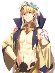 Rule 34 | 1boy, blonde hair, chietori, clothing cutout, dougi, earrings, fate/stay night, fate (series), gilgamesh (fate), groin, hand on own hip, jewelry, looking at viewer, male focus, navel, red eyes, short hair, shoulder cutout, simple background, smile, solo, standing, upper body, white background