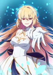 1girl archetype_earth arcueid_brunestud azami_masurao blonde_hair blue_background breasts cleavage commentary_request dress fate/grand_order fate_(series) gloves gold_trim hair_between_eyes highres large_breasts long_hair open_mouth reaching reaching_towards_viewer red_eyes smile solo white_dress white_gloves