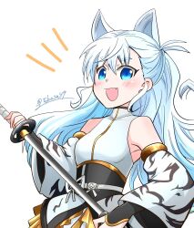 Rule 34 | 1girl, animal ears, arm warmers, blue eyes, cat ears, commentary request, detached sleeves, fang, highres, holding, holding sword, holding weapon, long hair, notice lines, obi, open mouth, sash, sidelocks, sleeveless, smile, solo, sword, tachi (weapon), tenka hyakken, toragoze no tachi, tubasa49, twitter username, upper body, weapon, white background, white hair