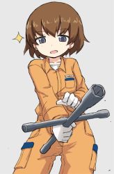 Rule 34 | 10s, 1girl, beige background, brown eyes, brown hair, commentary request, cowboy shot, foreshortening, freckles, girls und panzer, gloves, grey background, holding, jumpsuit, kakizaki (chou neji), long sleeves, looking at viewer, lug wrench, mechanic, open mouth, orange jumpsuit, shirt, short hair, simple background, smile, solo, sparkle, standing, tomboy, tsuchiya (girls und panzer), white gloves, white shirt