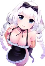 Rule 34 | 1girl, absurdres, ahoge, apron, arm behind back, bare shoulders, black apron, black bow, black hairband, black ribbon, blue eyes, bomitto (zundaffy), bow, bow hairband, braid, breasts, cleavage, closed mouth, collarbone, cowboy shot, crossed legs, dress, elbow gloves, fingerless gloves, frilled apron, frilled dress, frills, from above, gloves, hair between eyes, hair bow, hairband, hand up, head tilt, highres, kizuna akari, light blush, long hair, looking at viewer, looking up, medium breasts, naked apron, neck ribbon, orange gloves, orange thighhighs, ribbon, simple background, smile, solo, strap pull, striped clothes, striped gloves, striped thighhighs, thighhighs, twin braids, vertical-striped clothes, vertical-striped gloves, vertical-striped thighhighs, voiceroid, white background, white hair