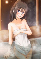 Rule 34 | 1girl, :d, akizuki (kancolle), anti (untea9), bare shoulders, black hair, blush, breasts, cleavage, collarbone, highres, kantai collection, naked towel, night, onsen, open mouth, partially submerged, ponytail, purple eyes, small breasts, smile, solo, towel