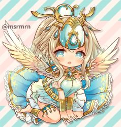 Rule 34 | 1girl, :o, bad id, bad pixiv id, beige wings, between legs, blue dress, blue eyes, blush, breasts, commentary request, diagonal stripes, dress, feathered wings, full body, hair between eyes, hair ornament, hand between legs, jewelry, khepri (p&amp;d), large breasts, light brown hair, long hair, looking at viewer, mashiro miru, parted lips, puzzle &amp; dragons, sidelocks, sitting, sleeveless, sleeveless dress, solo, striped, striped background, teeth, twitter username, upper teeth only, v arms, very long hair, wariza, wings