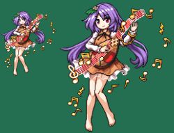 Rule 34 | 1girl, bad id, bad pixiv id, barefoot, beamed eighth notes, beamed quavers, beamed sixteenth notes, biwa lute, brown dress, dress, eighth note, flower, green background, hair flower, hair ornament, holding, instrument, light purple hair, long hair, long sleeves, lute (instrument), musical note, namako daibakuhatsu, pixel art, quarter note, quaver, red eyes, shirt, short dress, simple background, smile, solo, touhou, tsukumo benben, twintails