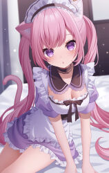 Rule 34 | 1girl, :o, absurdres, animal ear fluff, animal ears, apron, arm support, bed, blush, breasts, cat ears, cat girl, cat tail, choker, cleavage, collarbone, comiket 103, dress, frilled dress, frills, head tilt, heart, heart-shaped pupils, highres, lace, lace choker, long hair, looking at viewer, maid, maid apron, maid headdress, medium breasts, original, pink hair, purple eyes, sapphire (sapphire25252), sitting, solo, swept bangs, symbol-shaped pupils, tail, twintails, very long hair, yokozuwari