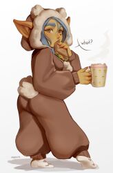 Rule 34 | 1girl, artist name, blue hair, brown eyes, colored skin, commentary, cup, eating, english text, facial mark, female goblin, food, food in mouth, full body, fur-trimmed hood, fur trim, goblin, green skin, heart, heart facial mark, holding, holding cup, hood, hood up, large ears, long sleeves, maewix (artist), marshmallow, mug, original, pointy ears, rissma (maewix), sandwiched, socks, solo, standing, steam, symbol-only commentary, tail, thick eyebrows