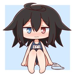 Rule 34 | 1girl, ahoge, bare arms, bare legs, bare shoulders, barefoot, black hair, blue background, blue eyes, blue one-piece swimsuit, blush, closed mouth, collarbone, eyepatch, unworn eyepatch, hair between eyes, hana kazari, heterochromia, highres, knees up, long hair, looking at viewer, medical eyepatch, name tag, nose blush, one-piece swimsuit, original, red eyes, school swimsuit, sitting, solo, swimsuit, translation request, two-tone background, wavy mouth, white background