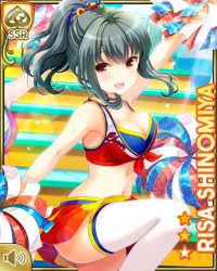 1girl, :d, breasts, brown eyes, card (medium), character name, cheering, cheerleader, cleavage, day, girlfriend (kari), green hair, middriff, navel, official art, open mouth, outdoors, pompoms, ponytail, qp:flapper, red shirt, red skirt, shinomiya risa, shirt, skirt, smile, standing, standing on one leg, tagme, tied shirt