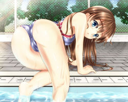 Rule 34 | 1girl, all fours, ass, blush, brown hair, cameltoe, chain-link fence, competition swimsuit, day, fence, from behind, lens flare, long hair, looking back, one-piece swimsuit, original, outdoors, perspective, pool, poolside, solo, swimsuit, toumin, wet