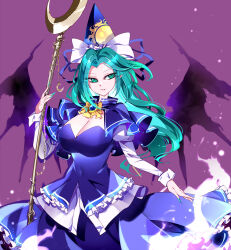 Rule 34 | 1girl, absurdres, ascot, blue brooch, blue capelet, blue hat, blue skirt, bow, breasts, capelet, cleavage, covered navel, cowboy shot, energy wings, frilled shirt, frilled skirt, frills, green eyes, green hair, hair bow, hat, highres, holding, holding staff, large breasts, long hair, long sleeves, looking to the side, mima (touhou), moon stick, pleated skirt, puffy sleeves, purple background, raptor7, shirt, simple background, skirt, solo, staff, sun print, touhou, touhou (pc-98), white bow, white sleeves, white wrist cuffs, wrist cuffs, yellow ascot