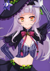 Rule 34 | 1girl, absurdres, black capelet, blunt bangs, brooch, capelet, cone hair bun, cropped shirt, grey hair, hair bun, hat, highres, hololive, jewelry, long hair, looking at viewer, midriff, murasaki shion, murasaki shion (1st costume), navel, pinstripe pattern, pinstripe shirt, shirt, short eyebrows, sidelocks, single side bun, solo, star brooch, striped clothes, striped shirt, takae (poupee en biscuit), tilted headwear, vertical-striped clothes, vertical-striped shirt, virtual youtuber, witch hat, yellow eyes