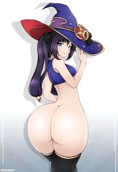 Rule 34 | 1girl, ass, back, bottomless, breasts, female focus, genshin impact, hat, highres, huge ass, long hair, looking at viewer, medium breasts, mona (genshin impact), partially undressed, purple hair, solo, thighhighs, twintails, witch hat, zonen404
