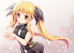 Rule 34 | 1girl, bare arms, bare shoulders, black dress, black ribbon, blonde hair, blush, breasts, closed mouth, commentary request, dress, fate testarossa, fate testarossa (blaze form ii), geko, hair ribbon, hands up, long hair, looking at viewer, lyrical nanoha, mahou shoujo lyrical nanoha, own hands together, red eyes, ribbon, sidelocks, sleeveless, sleeveless dress, small breasts, smile, solo, triangle heart, twintails, very long hair