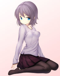 Rule 34 | 1girl, black pantyhose, blue eyes, breasts, gradient background, lace, lace-trimmed shirt, lace-trimmed skirt, lace trim, original, pantyhose, pleated skirt, purple hair, shirt, short hair, sitting, skirt, sleeves past wrists, small breasts, solo, wariza, zizi (zz22)