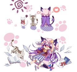 Rule 34 | 1girl, :3, animal ears, bad id, bad pixiv id, bespectacled, book, bow, cat, cat ears, cat tail, chibi, female focus, glasses, hair bow, hat, kemonomimi mode, long hair, o o, patchouli knowledge, paw print, purple eyes, purple hair, socks, squiggle, sun symbol, tail, touhou, ushi (newrein)