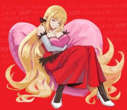 absurdly_long_hair bare_shoulders black_pantyhose black_ribbon blonde_hair box breasts character_name cleavage elbow_gloves feather-trimmed_gloves feather-trimmed_shirt full_body gloves hair_ribbon heart heart-shaped_box heart-shaped_pillow high_heels hugging_object kiss-shot_acerola-orion_heart-under-blade knees_together_feet_apart knees_up large_breasts long_hair mature_female monogatari_(series) oshino_shinobu pantyhose pillow pink_box pink_pillow red_background ribbon ricman_rt shirt sitting skirt skirt_set smile strapless strapless_shirt text_background very_long_hair white_footwear white_gloves