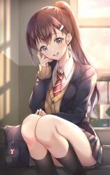 Rule 34 | 1girl, bag, bag charm, black jacket, black skirt, black socks, blazer, brown cardigan, brown hair, cardigan, chair, charm (object), collared shirt, commentary request, convenient leg, cuna (qunya), duffel bag, feet out of frame, glint, grey eyes, hair ornament, hairclip, hand on own cheek, hand on own face, high ponytail, highres, indoors, jacket, kneehighs, long hair, looking at viewer, miniskirt, necktie, open clothes, open jacket, original, parted lips, plaid, plaid skirt, red hair, ringed eyes, shirt, sitting, skirt, sleeves past wrists, smile, socks, solo, striped necktie, striped neckwear, sunlight, thighs, white shirt, window shadow