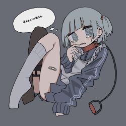 Rule 34 | 1girl, animal collar, apron, arm at side, asymmetrical legwear, bandaid, bandaid on leg, black thighhighs, blue jacket, blue skirt, collar, frown, full body, grey background, grey eyes, grey hair, grey socks, hair bobbles, hair ornament, hand to own mouth, highres, jacket, jersey maid, knees up, leash, legwear garter, long sleeves, looking at viewer, looking to the side, maid, maid apron, miniskirt, mismatched legwear, no shoes, one side up, original, ringed eyes, sasa ki (resupuburika), short hair, simple background, single legwear garter, single thighhigh, skirt, socks, solo, tearing up, thighhighs, thought bubble, track jacket, translation request, unconventional maid, wavy mouth