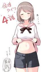 Rule 34 | &gt; &lt;, 2girls, black bow, black shorts, blush, bow, brown hair, character request, closed eyes, closed mouth, clothes lift, commentary request, facing viewer, highres, hood, hood down, hoodie, hoodie lift, lifted by self, long sleeves, mahoutsukai rose no sado life, multiple girls, navel, ominaeshi (takenoko), open mouth, puffy long sleeves, puffy sleeves, shirt, short shorts, shorts, simple background, stomach, striped, striped bow, sweat, translation request, white background, white hoodie