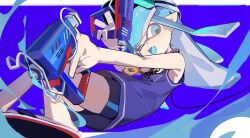 Rule 34 | 1boy, bike shorts, blue background, blue eyes, blue hair, blue shirt, commentary request, dual wielding, fang, glooga dualies (splatoon), gun, holding, holding gun, holding weapon, inkling, inkling boy, inkling player character, jewelry, long hair, necklace, nintendo, one eye closed, open mouth, pointy ears, shirt, skin fang, sleeveless, sleeveless shirt, solo, splatoon (series), splatoon 3, suymix320, tentacle hair, v, weapon