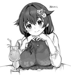 Rule 34 | 1girl, breast rest, breasts, breasts on table, commentary request, drink, flower, frilled jacket, frills, glass, greyscale, hair flaps, hair flower, hair ornament, jacket, jewelry, jingei (kancolle), kantai collection, kirisawa juuzou, large breasts, long hair, monochrome, ring, smile, solo, wedding band, white jacket